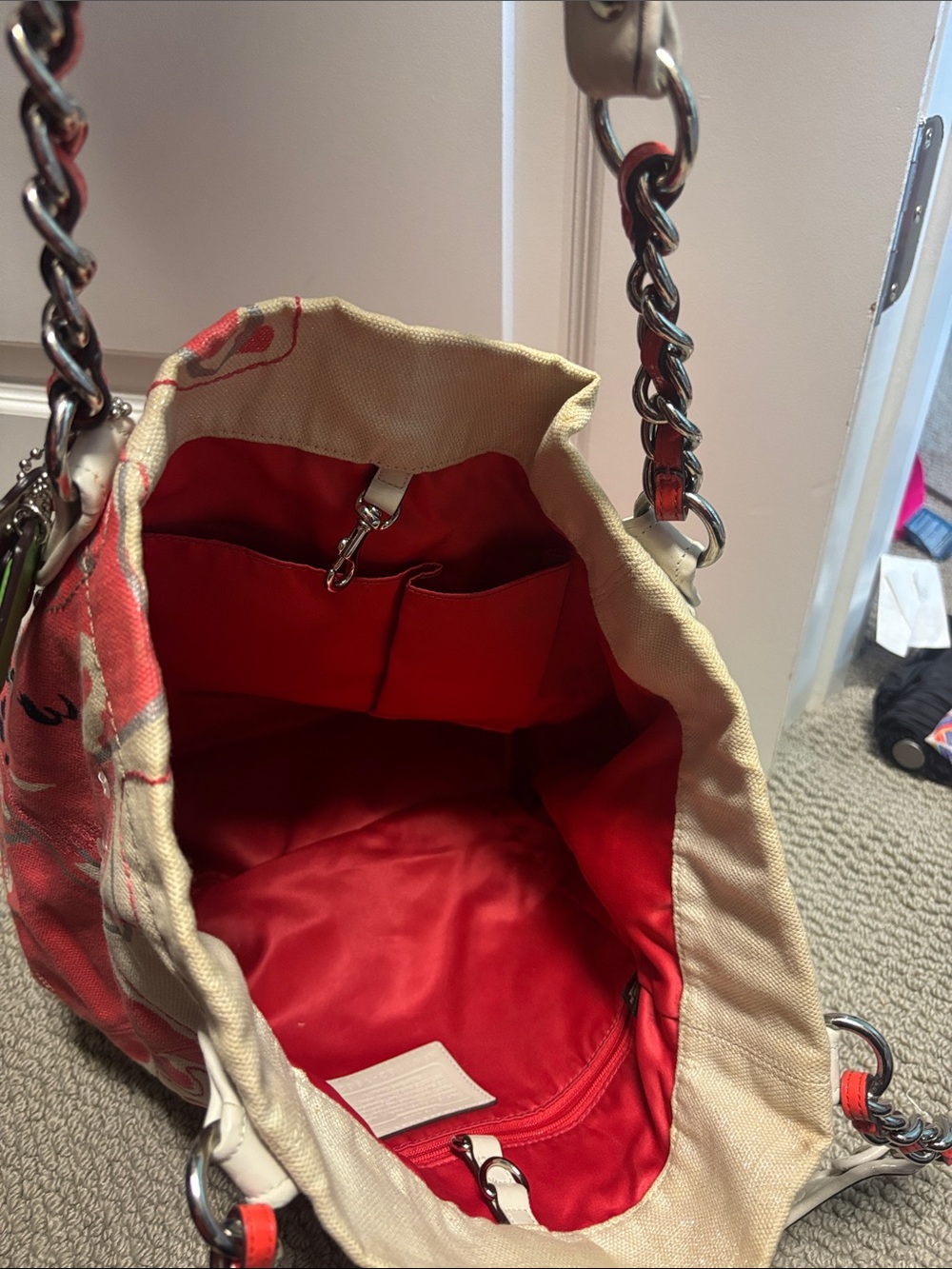 Coach Coral and Cream Floral Canvas Tote with Chain-Detail Straps - Picture 5 of 6